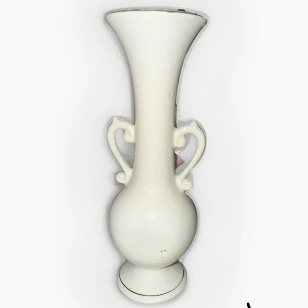 Vintage Ucagco Ceramic Japan Vase w/Applied Pink Roses & Leaves & Gilt Handles